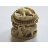 HEAVILY CARVED ANTIQUE AFRICAN/INDONESIAN STYLE IVORY STORAGE POT AND COVER