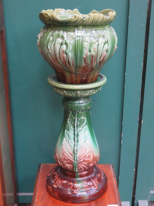 VICTORIAN GLAZED CERAMIC JARDINIERE ON STAND