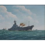 J CROMBY, FRAMED OIL ON CANVAS DEPICTING A BATTLESHIP AT SHIP,