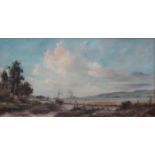 LARGE FRAMED OIL ON BOARD DEPICTING A RIVER SCENE, SIGNED (INDISTINCT),