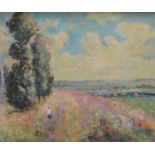 GILT FRAMED OIL ON BOARD DEPICTING A FIGURE WITHIN A FIELD OF POPLARS AND POPPIES, SIGNED,