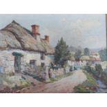 HARRY EDMUND CRUTE, GILT FRAMED OIL ON BOARD DEPICTING A COUNTRY COTTAGE SCENE,