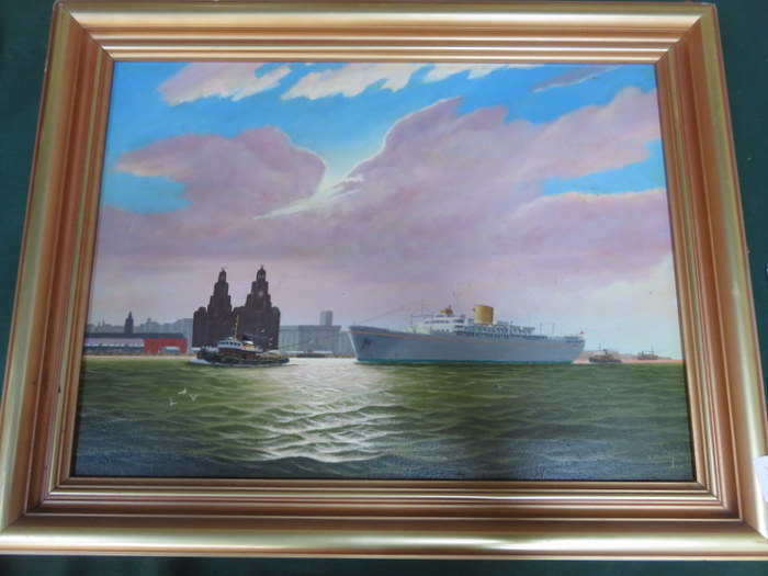 J CROMBY, GILT FRAMED OIL ON CANVAS DEPICTING ROYAL MAIL SHIP 'AUREOL' ON THE MERSEY,