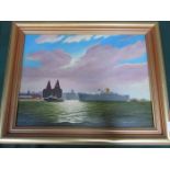 J CROMBY, GILT FRAMED OIL ON CANVAS DEPICTING ROYAL MAIL SHIP 'AUREOL' ON THE MERSEY,