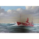 J CROMBY, GILT FRAMED OIL ON CANVAS DEPICTING LIVERPOOL BAR LIGHT SHIP 'PLANET',