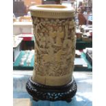 LARGE 19th CENTURY HEAVILY CARVED ORIENTAL IVORY BRUSH POT ON PIERCEWORK STAND,