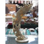 LARGE 19th CENTURY ORIENTAL IVORY FIGURE GROUP CARVING DEPICTING A LADY, GENT AND MYTHICAL DRAGON,