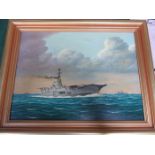 J CROMBY, GILT FRAMED OIL ON CANVAS DEPICTING HMS ARK ROYAL AT SEA,