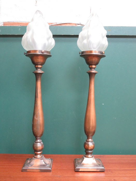 PAIR OF VICTORIAN STYLE COPPER EFFECT BANISTER LAMPS WITH FROSTED GLASS SHADES, - Image 2 of 2