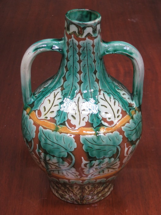 JESSIE SINCLAIR FOR DELLA ROBIA, HANDPAINTED AND GLAZED TWO HANDLED VASE,