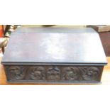 HEAVILY CARVED 18th CENTURY OAK BIBLE BOX FITTED WITH THREE DRAWERS TO INTERIOR