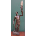 GOOD QUALITY ANTIQUE BRONZE FIGURE TABLE LAMP WITH SHADE, IN THE FORM OF A BLACKSMITH,