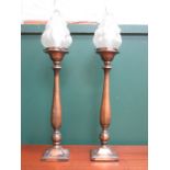 PAIR OF VICTORIAN STYLE COPPER EFFECT BANISTER LAMPS WITH FROSTED GLASS SHADES,