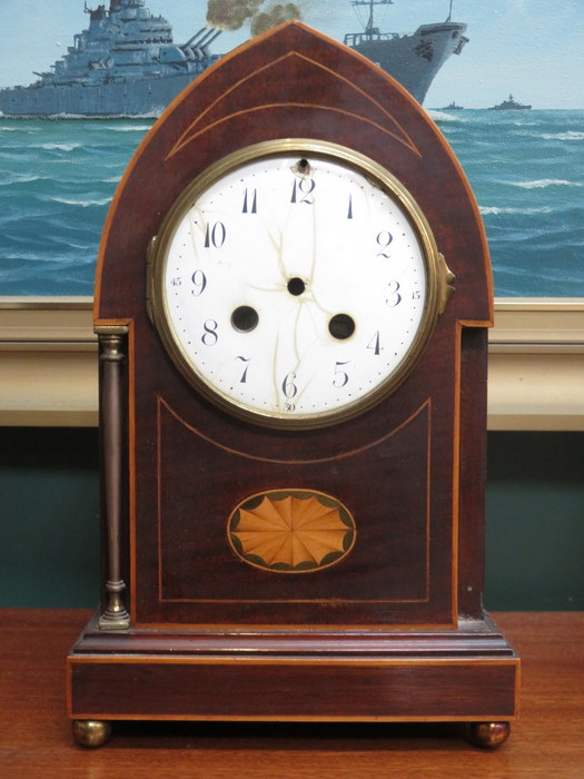 EDWARDIAN MAHOGANY INLAID MANTEL CLOCK,