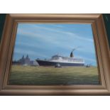 J CROMBY, GILT FRAMED OIL ON CANVAS DEPICTING CUNARD LINER QUEEN ELIZABETH ON THE MERSEY,