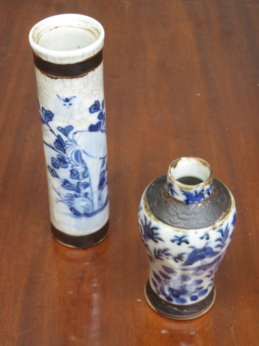 TWO ORIENTAL STYLE CRACKLE GLAZED BLUE AND WHITE VASES