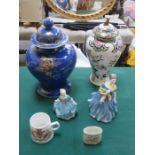 ORIENTAL GILDED GINGER JARS WITH JARS WITH COVERS TWO ROYAL DOULTON FIGURES - ONE AT FAULT ALSO