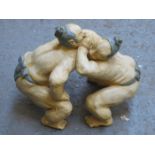 GLAZED AND UNGLAZED STUDIO POTTERY FIGURE GROUP DEPICTING SUMO WRESTLERS APPROXIMATLEY 25CM HIGH.