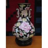 FLORAL DECORATED JAPANESE CLOISONNE VASE ON STAND,