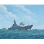 J CROMBY, FRAMED OIL ON CANVAS DEPICTING A BATTLESHIP AT SHIP,