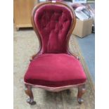 MAHOGANY FRAMED UPHOLSTERED LOW SEATED SPOON BACK NURSING CHAIR