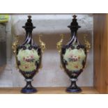 PAIR OF CONTINENTAL STYLE GILDED AND FLORAL CERAMICS URNS WITH COVERS, FOR RESTORATION,