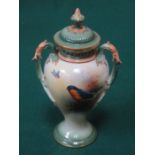 ROYAL WORCESTER HAND PAINTED AND GLIDED TWO HANDLED VASE WITH COVER, E. BATHER.