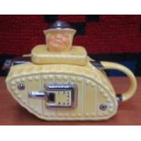 LUSTRE AND YELLOW CRACKLED GLAZED CERAMIC WINSTON CHURCHILL TANK FORM NOVELTY TEAPOT