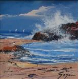 FERNANDO GOYAN FRAMED OIL ON BOARD DEPICTING A SEASIDE SCENE APPROXIMATLEY 19CM X 19CM