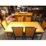 ART DECO STYLE INLAID SATIN WOOD AND BIRCH DINING TABLE WITH SIX CHAIRS PLUS SIDEBOARD AND MIRROR