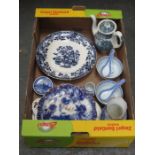 PAIR OF ORIENTAL RICE BOWLS WITH SPOONS AND VARIOUS OTHER BLUE AND WHITE CERAMICS