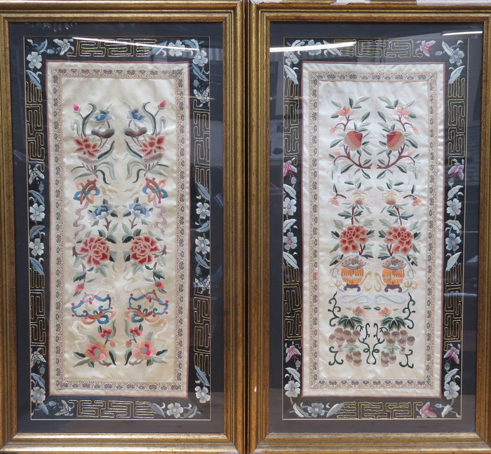 PAIR OF MIDDLE EASTERN/ORIENTAL STYLE FRAMED FLORAL EMBROIDERED ON SILK,