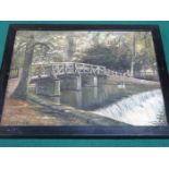 GEORGE WILLIS PRYCE, FRAMED OIL ON PAINTING DEPICTING A BRIDGE OVER A RIVER SCENE,