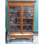 TWO DOOR GLAZED AND MAHOGANY DISPLAY CABINET FITTED WITH TWO DRAWERS BELOW