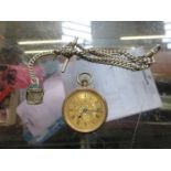 9ct GOLD FOB WATCH WITH SILVER ALBERT WATCH CHAIN AND FOB