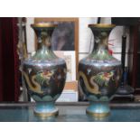 PAIR OF ORIENTAL CLOISONNE VASES, DECORATED WITH CHINESE DRAGONS (AT FAULT),