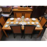 ART DECO STYLE INLAID SATIN WOOD AND BIRCH DINING TABLE WITH SIX CHAIRS PLUS SIDEBOARD AND MIRROR