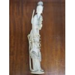 HEAVILY CARVED ANTIQUE ORIENTAL IVORY FIGURE OF A GEISHA AND CRANE ON WOODEN STAND,