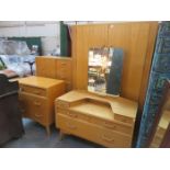 G-PLAN LIGHT OAK BEDROOM SUITE COMPRISING OF TWO DOOR WARDROBE, TALLBOY, THREE DRAWER CHEST,