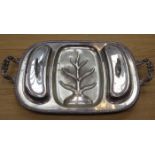 SILVER PLATED TWO HANDLED SECTIONAL MEAT TRAY WITH COVERS