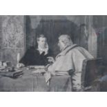 OAK FRAMED MONOCHROME ETCHING/ENGRAVING BY ERSKINE NICHOL- HIS LEGAL ADVISOR,