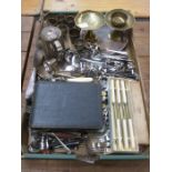 BOX CONTAINING SILVER PLATEDWARE, FLATWARE AND BRASSWARE, ETC.
