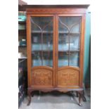 EDWARDIAN MAHOGANY INLAID TWO DOOR GLAZED DISPLAY CABINET