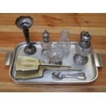 MIXED LOT OF SILVER AND SILVER COLOURED ITEMS INCLUDING FLATWARE, VASE, DRESSING BRUSH AND MIRROR,