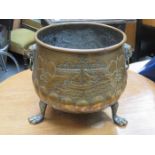 VINTAGE COPPER RELIEF DECORATED COAL SCUTTLE ON CLAW SUPPORTS