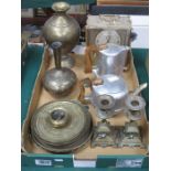 MIXED LOT INCLUDING PAIR OF GILT CANDLESTICKS, INDIAN BRASSWARE AND MANTEL CLOCK, ETC.