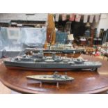 HALF SCRATCH BUILT MODEL REMOTE CONTROL BATTLESHIP AND THREE OTHER MODELS