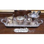SILVER PLATED THREE PIECE TEA SET WITH NON-MATCHING TWO HANDLED TRAY AND MINIATURE FOUR PIECE TEA