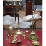 MIXED LOT OF VARIOUS BRASSWARE INCLUDING FIRESIDE TOOLS AND ORIENTAL BELL, ETC.