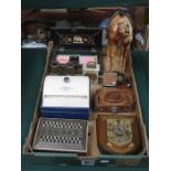 MIXED LOT INCLUDING QUILL BOX, LIVERPOOL COATS OF ARMS, CAMERA, CLOCKS AND ART DECO STYLE DESK TIDY,